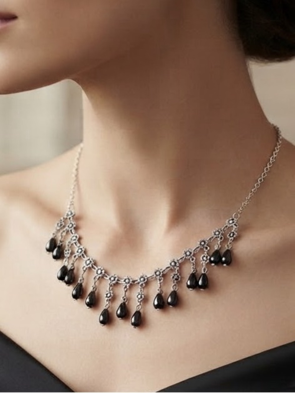 ADORA Silver Necklace with Black Teardrop Pendants